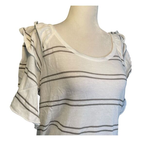 Chaser Gauzy Ruffle Shoulder Flouncy Tee White Gray Cotton Knit Short Sleeve L - Picture 3 of 9